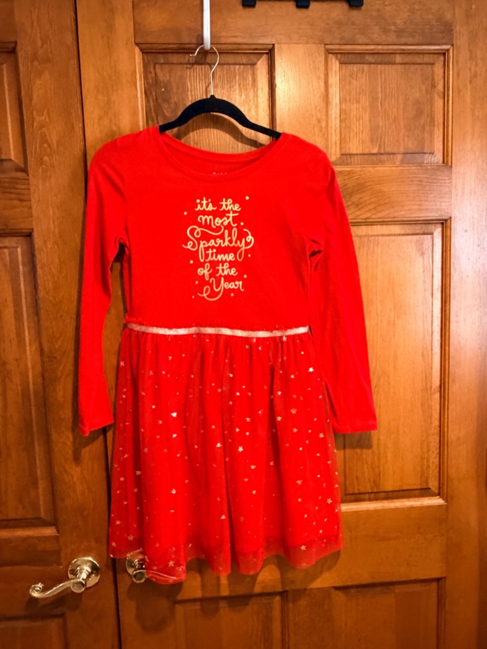 Cat & Jack Red Long-Sleeve Sparkle Holiday Dress with Gold Accent